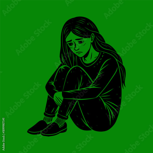 Sad girl sitting on the floor vector illustration green background