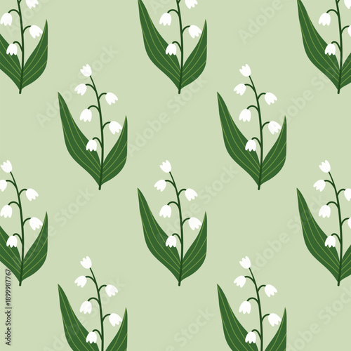 Seamless pattern with lily of the valley. Texture with wildflowers in flat style. Seamless pattern with spring flowers. Vector illustration.