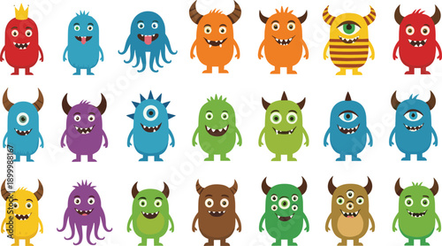 Cute cartoon monster character vector set with colorful friendly aliens featuring horns multiple eyes and tentacles for children school supplies stickers kids party invitation or mobile app design