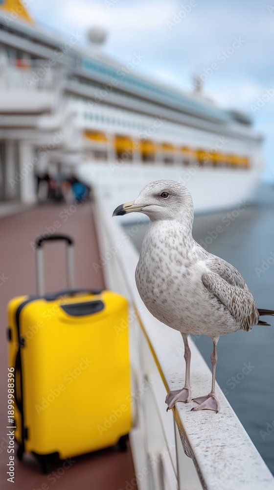 Fototapeta premium Seagull posing on ship deck with suitcase and cruise liner in background