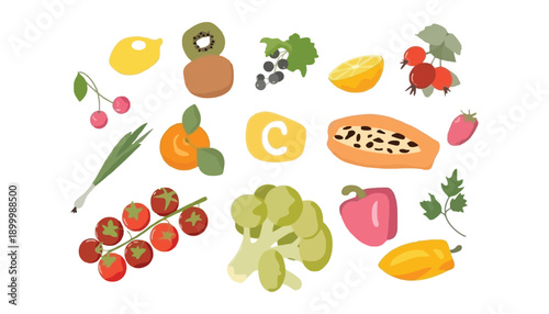 A colorful illustration of various fruits and vegetables on a white background