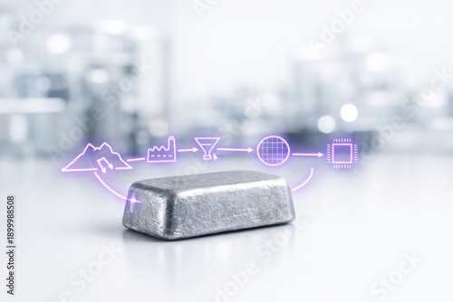 A solid indium ingot on a reflective surface with glowing purple icons illustrating its transformation from ore to high-tech components.