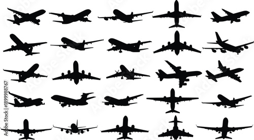WebSet of black airplane silhouettes featuring various commercial jets and private planes isolated on white background for aviation travel and transportation design vector illustration