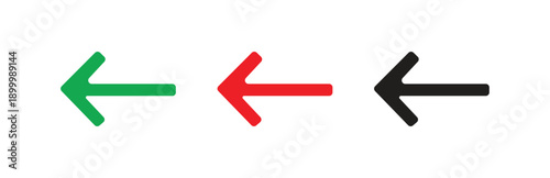 a set of three simple left arrow icons in green red and black isolated on a white background representing direction and navigation