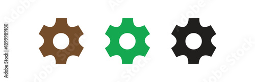 A set of three gear icons in brown green and black colors isolated on a white background representing mechanical parts and industry concepts
