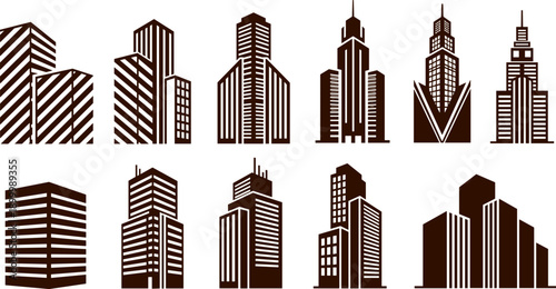 Modern skyscraper vector set, urban architecture design, high-rise buildings illustration, city skyline elements, monochrome style, metropolitan concept, structural diversity