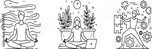 Mindfulness illustration, meditation and productivity, mental clarity, work-life balance, cognitive engagement, puzzle solving, gear thinking, wellness concept, modern lifestyle, self-care art