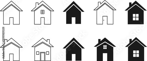 House icon set, architectural symbols, home design variations, roof and window styles, black and white vector, residential illustration, pattern recognition concept
