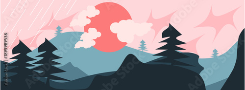 Stylized flat landscape with pine trees, mountains and pink sunset