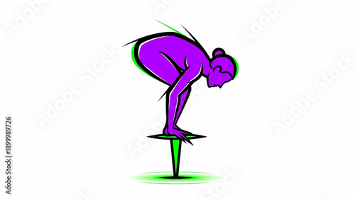 Neon Graphic Illustration of Woman Balancing on a Sharp Pin, Symbolizing Precarious Risk, Stress, and Stability Challenge