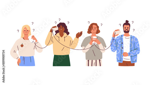 A group of confused people holding phone cords and looking puzzled