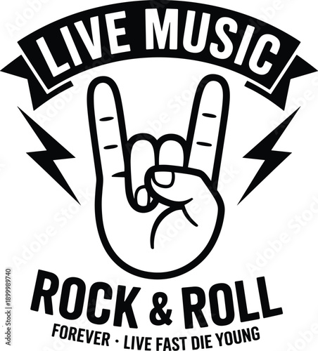 Black and white live music rock and roll banner with hand gesture