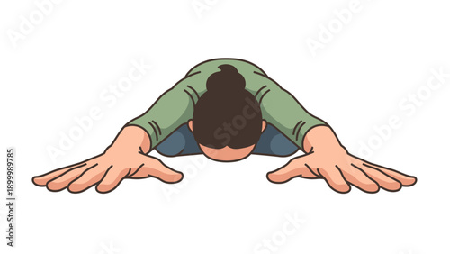 Top view cartoon illustration of a person bowing deeply. Gesture of humility, apology, respect, submission, or surrender.