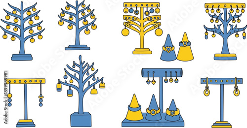 Assortment of stylized jewelry display stands, including tree shapes and T-bar racks designed for earrings and rings.