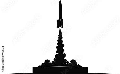 Rocket Launch Silhouette with Smoke Trail, Space Exploration Startup Concept, Minimal Black Vector Illustration Isolated on White Background