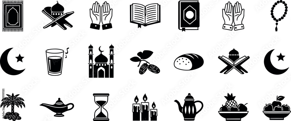 Obraz premium Islamic Icons Collection Featuring Religious Symbols and Cultural Elements.