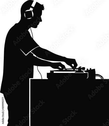 DJ Silhouette Mixing Music on Turntable with Headphones, Professional Disc Jockey Club Performance Vector Illustration Isolated White Background Nightlife