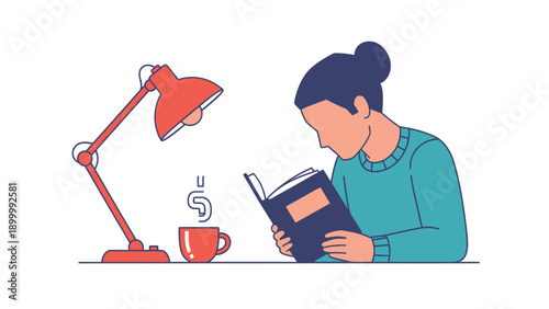 Flat vector illustration of a focused person reading a book under a desk lamp with a steaming coffee cup. Cozy late-night study and learning concept.