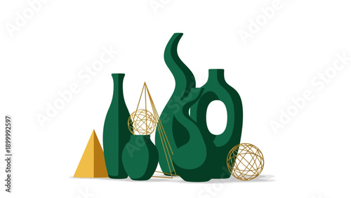 Contemporary Abstract Still Life: Emerald Green Vases and Golden Geometric Sculptures Vector