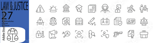 Law & Justice icon set. Editable stroke. Vector illustration.