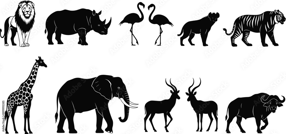 Εκτύπωση καμβά African wild animal silhouettes collection including lion elephant giraffe tiger