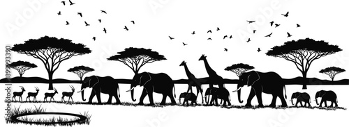 African safari wildlife silhouettes featuring elephants giraffes antelopes birds and acacia trees, panoramic black white savanna landscape illustration vector art