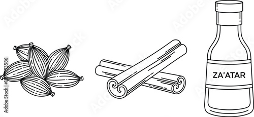 Black and white line art displays cardamom pods, cinnamon sticks, and a labeled Za'atar bottle.