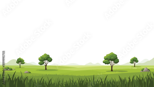 Clean vector landscape with lush green meadows, individual trees, and distant mountain views