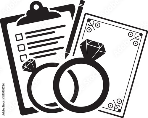 Wedding Planning Checklist with Rings and Pen, Icon