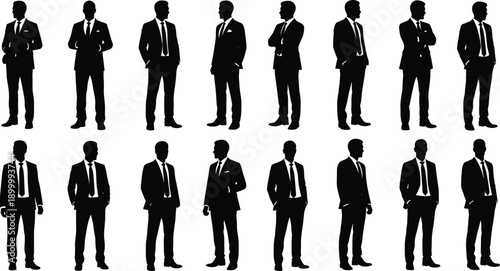 Businessmen silhouettes collection, elegant male professionals in suits standing poses, corporate leadership concept isolated on white background