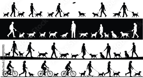 Dog walking silhouettes, people walking dogs, leash training, urban lifestyle, pets exercise, black white illustration set collection icons activity concept