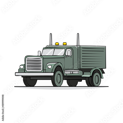Classic military cargo truck illustration featuring a robust green semi tractor trailer with trailer
