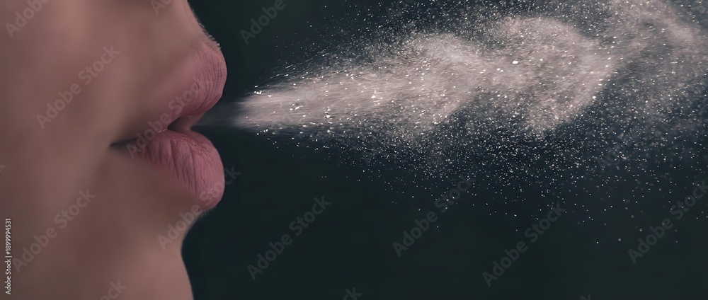 Obraz premium Person exhaling visible breath in cold air creating misty cloud against dark background for winter health and respiratory concepts.