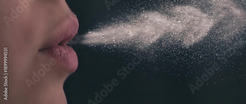 Panel kuchenny z motywem Person exhaling visible breath in cold air creating misty cloud against dark background for winter health and respiratory concepts.