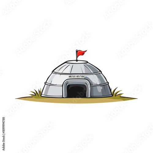 Traditional round nomadic dwelling with a red flag on its roof standing on grassy land