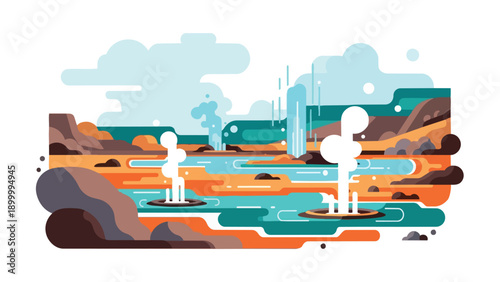 Vibrant flat design illustration of a dynamic geothermal landscape with active geysers and steaming hot springs