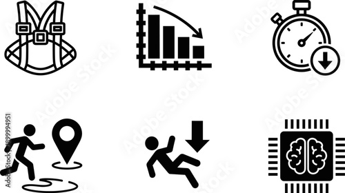 Safety and efficiency icons, workplace monitoring, accident prevention, performance tracking, smart technology, AI chip, navigation, time reduction, hazard alert, productivity metrics, gear control