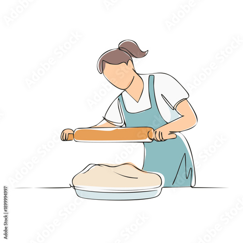 Person wearing apron uses rolling pin to flatten dough in a dish