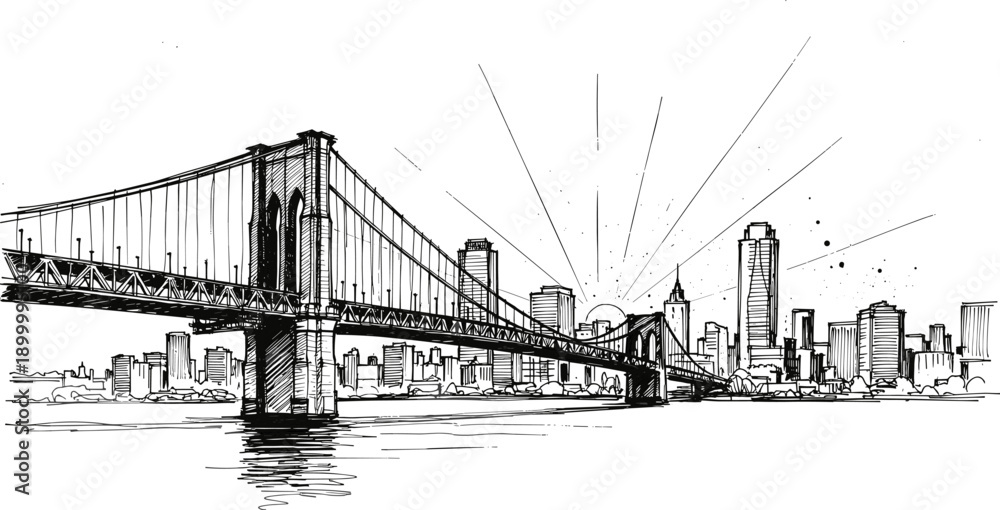 Fototapeta premium Brooklyn Bridge sketch, cityscape illustration, urban skyline, architectural drawing, sunrise over city, black and white art, New York landmark, suspension bridge view