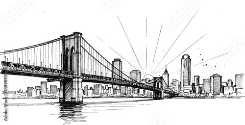 Brooklyn Bridge sketch, cityscape illustration, urban skyline, architectural drawing, sunrise over city, black and white art, New York landmark, suspension bridge view