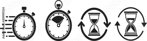 Time icon set, stopwatch and hourglass, time management symbols, cycle and urgency concept, black and white vector, productivity illustration, scheduling tools