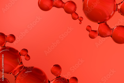 Abstract red molecules  forming a modern 3D background with smooth glossy surfaces and copy space. Futuristic fluid shapes ideal for design science, cosmetics, or creative branding.