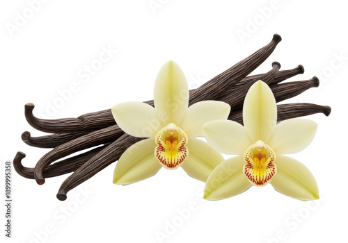 Gourmet dark brown vanilla pods and delicate light yellow-cream vanilla orchid flowers elegantly arranged on a transparent studio background with negative space, pure flavor concept