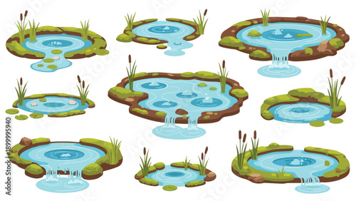 A delightful collection of diverse cartoon ponds, featuring waterfalls, streams, and natural aquatic elements