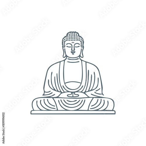 Serene Buddha figure meditating in a peaceful lotus pose simple line art illustration