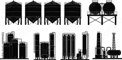 Detailed industrial silhouette collection with storage tanks grain silos refinery towers and processing units for manufacturing chemical engineering and heavy industry infrastructure design projects.