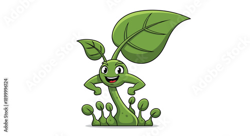 Cheerful Smiling Green Leaf Cartoon Character Strikes Dynamic Pose in White Studio Setting, Viewed Frontally