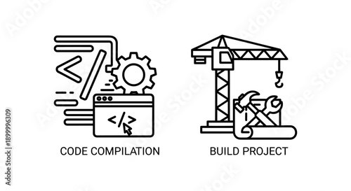 Software Engineering Icons: Code Compilation and Build Project, symbolizing development processes