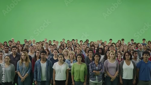 diverse crowd in front of green screen backdrop