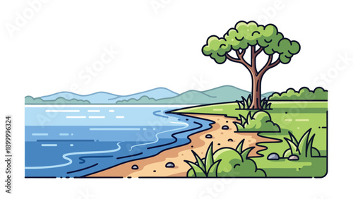 A crisp vector illustration of a tranquil natural landscape, showing a vibrant green tree on a sandy beach beside calm blue water and distant hills.